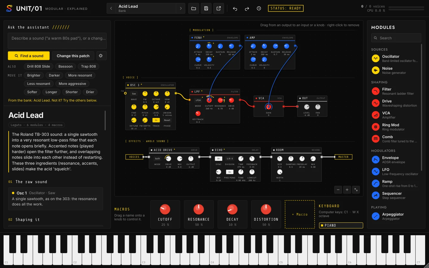 UNIT/01 plugin with the Acid Lead patch loaded from the bank: its step-by-step explanation, the modular graph and four macros.