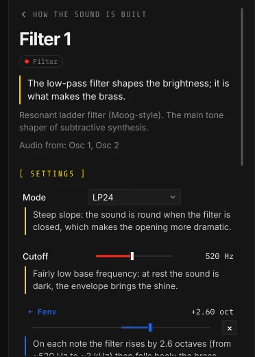 Explanation panel: “The low-pass filter shapes the brightness; it is what makes the brass”, with each setting explained.