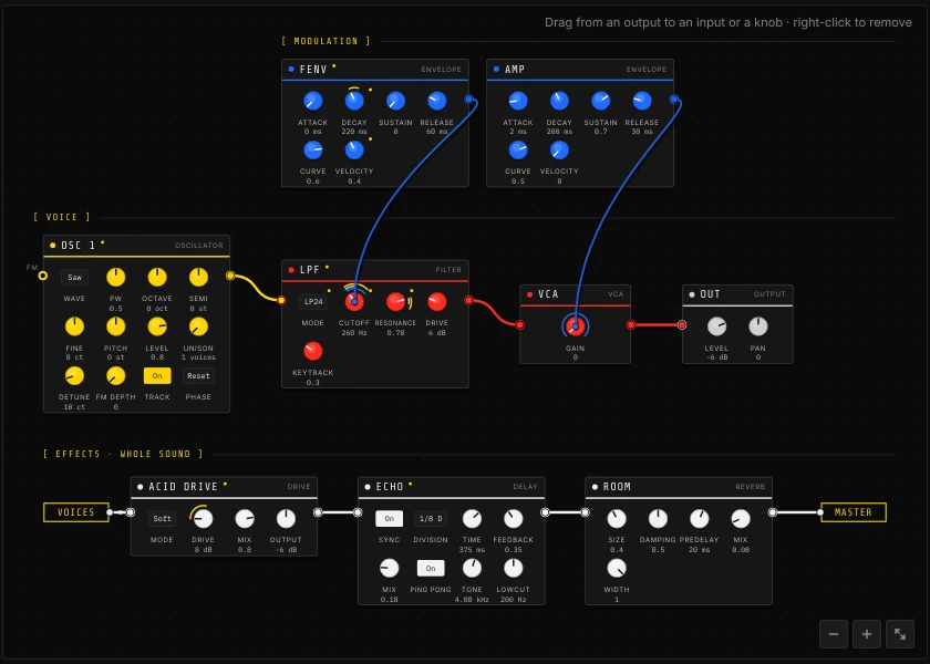 The modular graph: envelopes in blue, oscillator in yellow, filter and VCA in red, effects chain below.